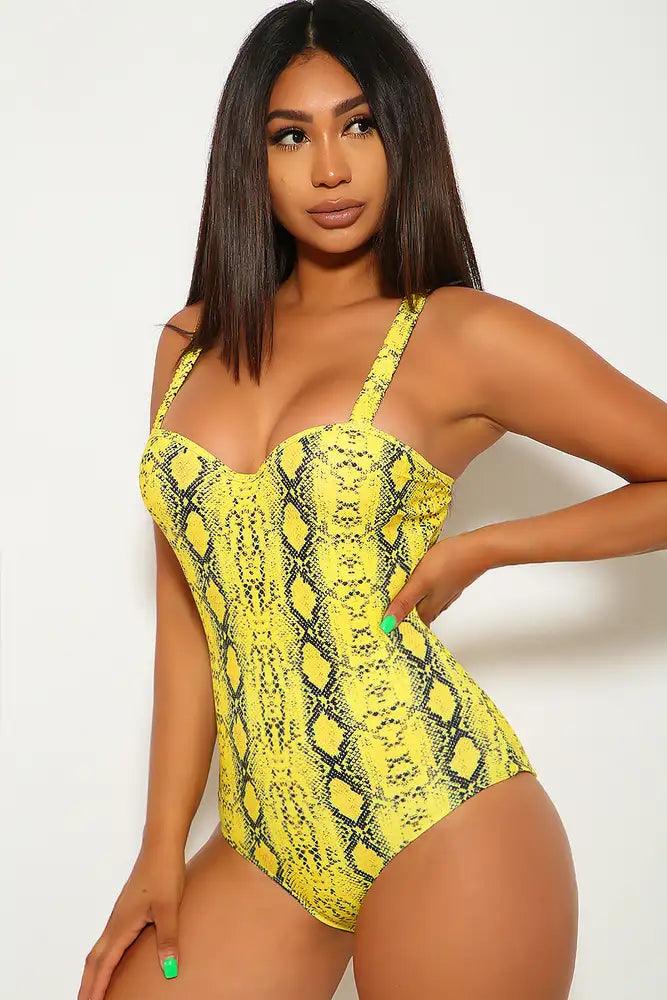 Yellow Snake Reptile Push-Up One Piece Swimsuit - AMIClubwear