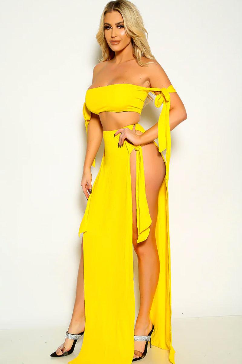 Yellow Solid Strappy Crop Top & Split Thigh Skirt Set - AMIClubwear