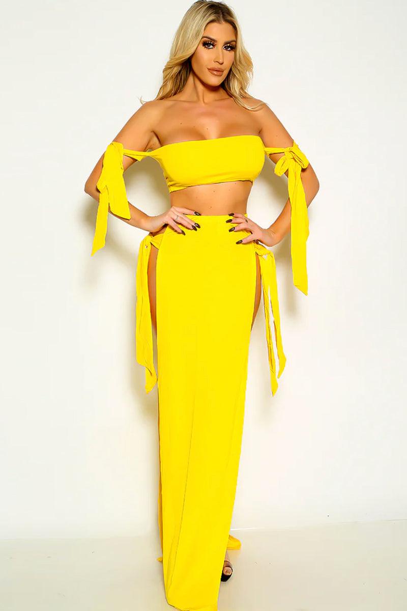 Yellow Solid Strappy Crop Top & Split Thigh Skirt Set - AMIClubwear