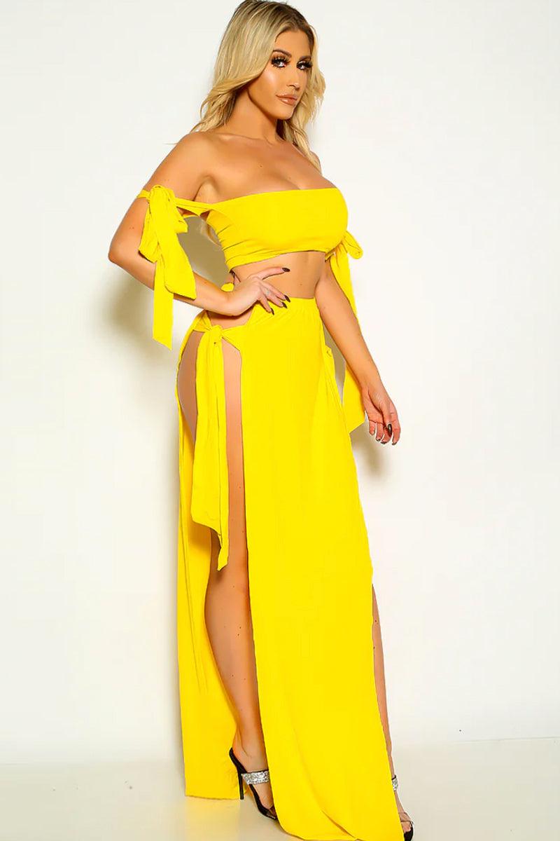 Yellow Solid Strappy Crop Top & Split Thigh Skirt Set - AMIClubwear