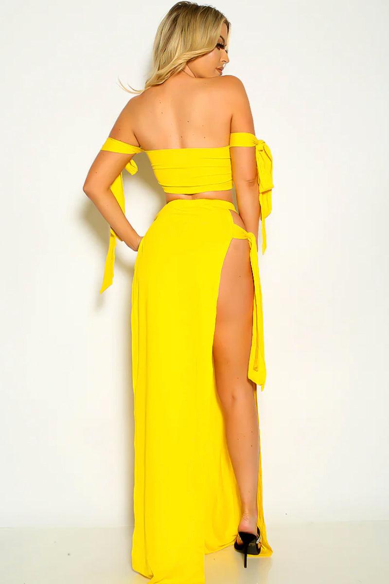 Yellow Solid Strappy Crop Top & Split Thigh Skirt Set - AMIClubwear