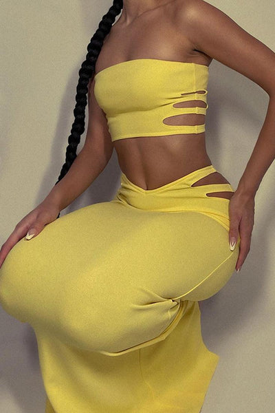 Yellow Strapless Cut Out Two Piece Dress - AMIClubwear