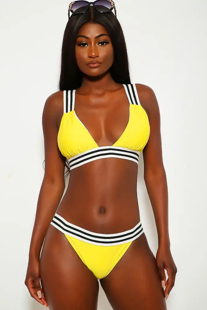 Yellow Striped Mid Rise Two Piece Swimsuit - AMIClubwear