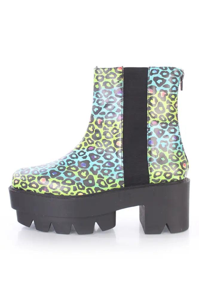 Yellow Teal Leopard Traction Sole Platform Booties Faux Leather - AMIClubwear