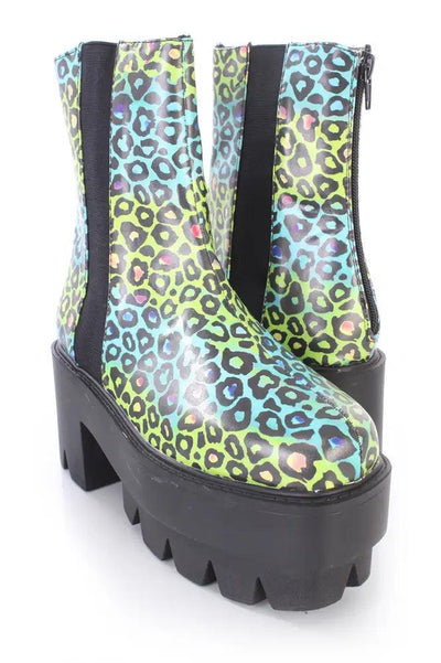 Yellow Teal Leopard Traction Sole Platform Booties Faux Leather - AMIClubwear