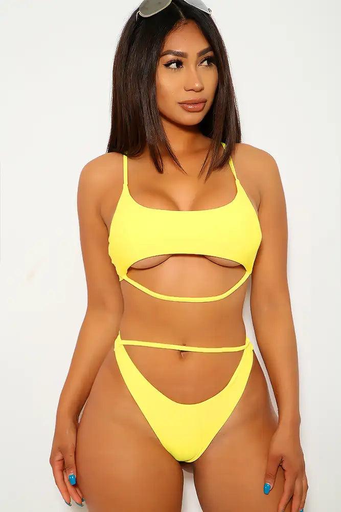 Yellow Two Piece Cut Out Strappy Swimsuit - AMIClubwear