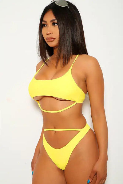 Yellow Two Piece Cut Out Strappy Swimsuit - AMIClubwear