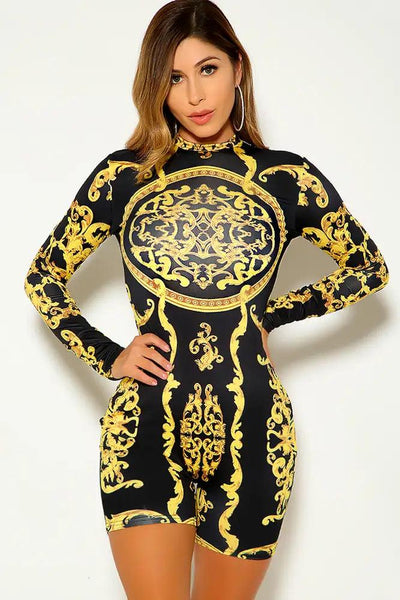 Yellow Two Tone Long Sleeve Graphic Print Romper - AMIClubwear