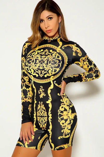 Yellow Two Tone Long Sleeve Graphic Print Romper - AMIClubwear