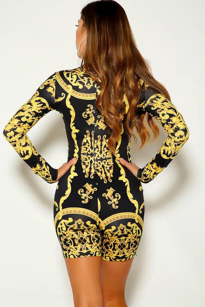 Yellow Two Tone Long Sleeve Graphic Print Romper - AMIClubwear