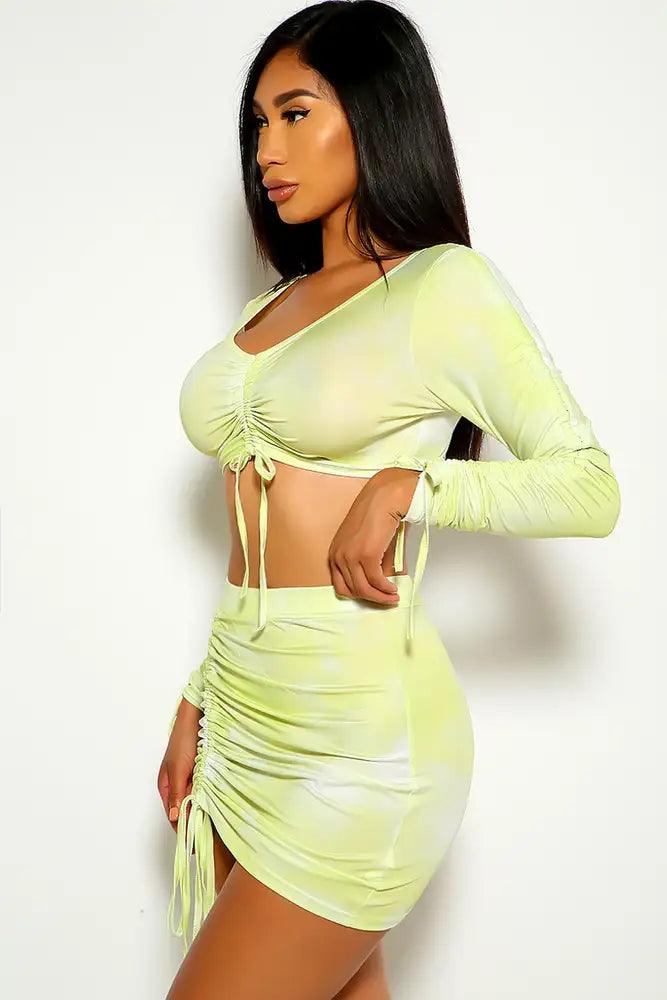 Yellow White Tie Dye Ruched Two Piece Dress - AMIClubwear