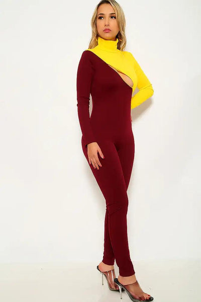 Yellow Wine Long Sleeve Jumpsuit - AMIClubwear