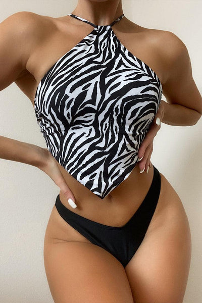 Zebra Print Halter Two Piece Sexy Swimsuit - AMIClubwear