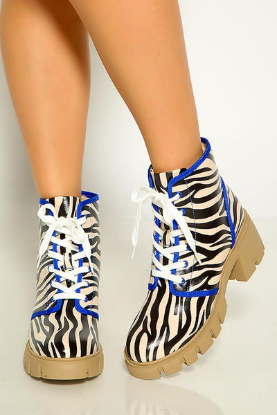 Zebra Print Lace Up Ankle Booties - AMIClubwear