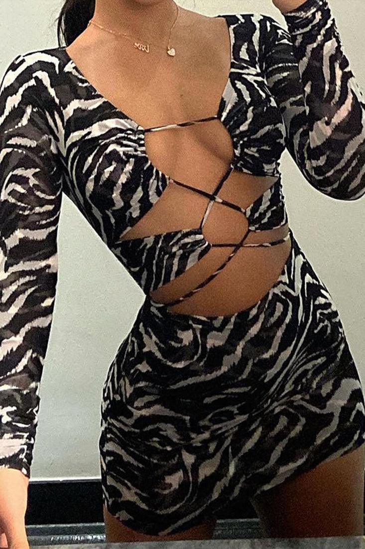Zebra Print Long Sleeve Lace Up Cut Out Party Dress - AMIClubwear