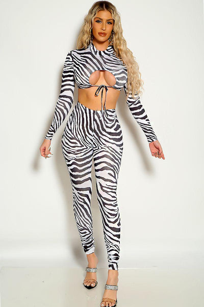 Zebra Print Long Sleeve Mock Neck Cut Out Cropped Two Piece Outfit - AMIClubwear