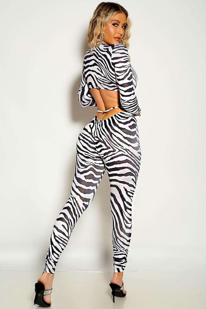 Zebra Print Long Sleeve Mock Neck Cut Out Cropped Two Piece Outfit - AMIClubwear