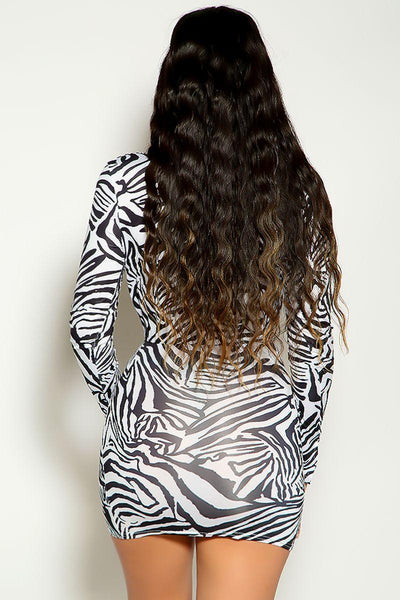 Zebra Print Long Sleeve Plunging Party Dress - AMIClubwear