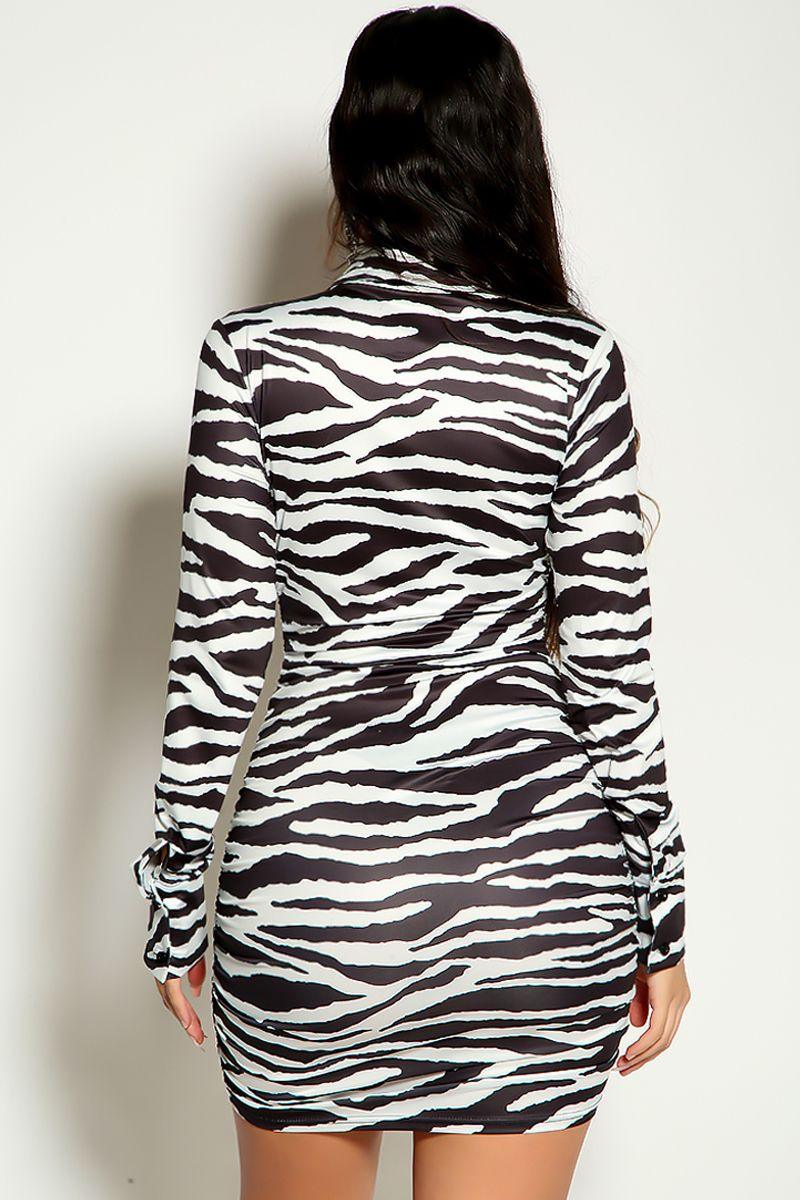 Zebra Print Long Sleeve Ruched Button Up Party Dress - AMIClubwear