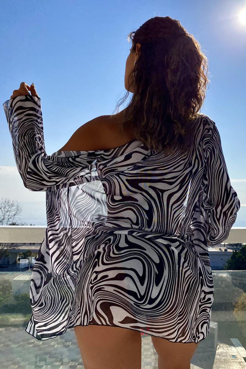 Zebra Print Long Sleeve Sexy Three Piece Swimsuit - AMIClubwear