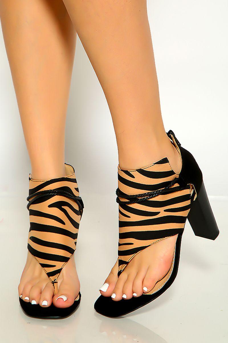 Zebra Print Open Toe Thong High Heels - AMIClubwear