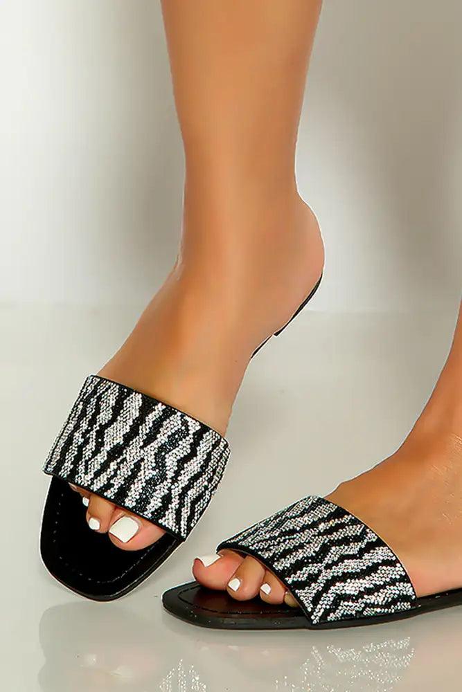 Zebra Print Rhinestone Detail Open Toe Slip On Sandals - AMIClubwear