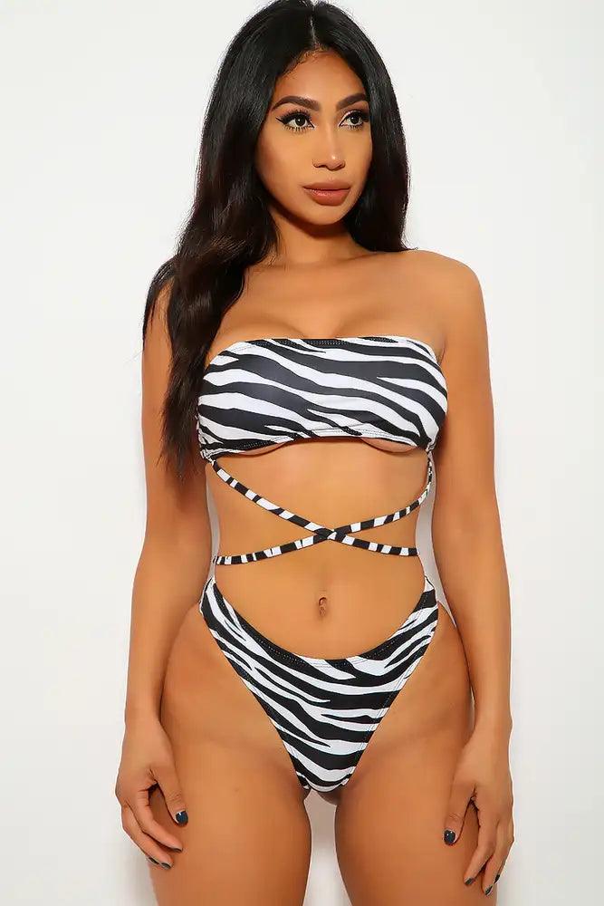 Zebra Print Strappy Three Piece Swimsuit - AMIClubwear