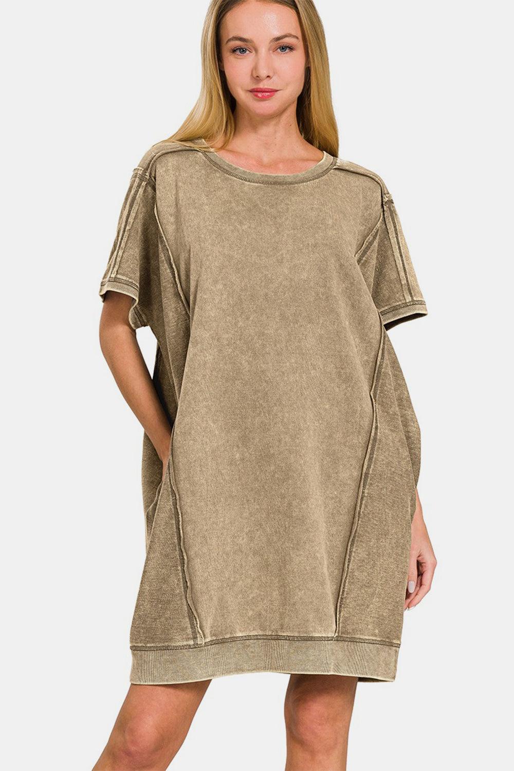 Zenana Washed Exposed Seam Mini Tee Dress - AMIClubwear