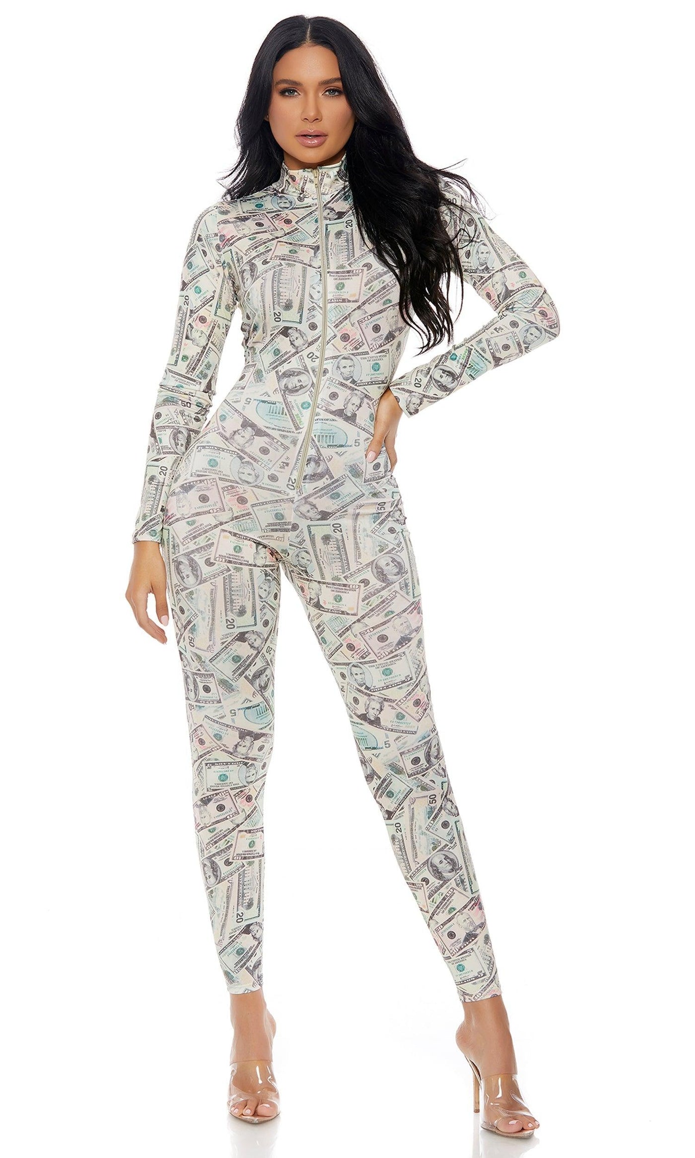  Forplay Zipfront Money Print Jumpsuit : Clothing